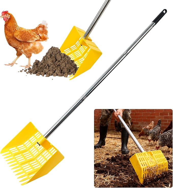 2-in-1 Chicken Poop Scooper & Rake – Adjustable Stainless Steel Handle, Lightweight Plastic Coop Scoop for Cleaning Chicken Coops, Sand, Litter – Chicken Coop Accessories for Backyard Farms