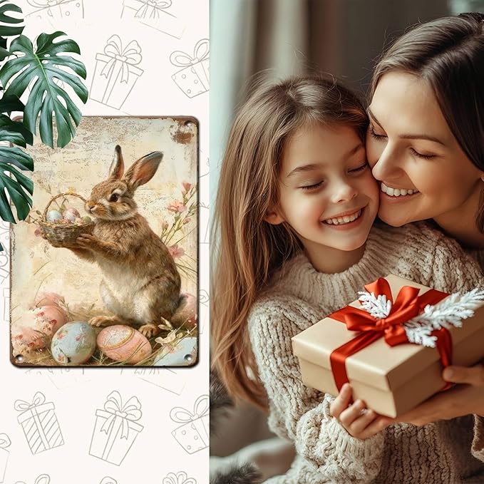 Cute Bunny Metal Sign Vintage Easter Design Rustic Farmhouse Decor Suitable For Home Garden Bar Cafe Outdoor 12X16Inch