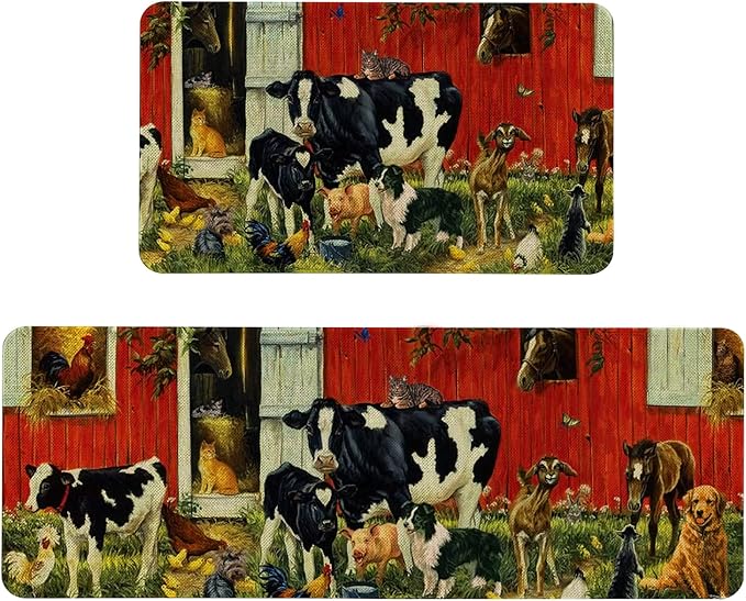Roszwtit Farmhouse Kitchen Rugs and Mats Set of 2, Farm Animal Kitchen Mat, Seasonal Holiday Cooking Sets Washable Non-Slip Floor Mats for Home Kitchen Decor - 17x29 and 17x47 Inch