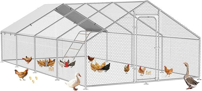 Large Metal Chicken Coop Run with Roosting Perch– Outdoor Waterproof & UV-Resistant Cover for Chickens, Ducks, Rabbits, and Hens in Yard or Farm Use Dome Roof (13.1'Wx26.2'Lx 6.5'H)