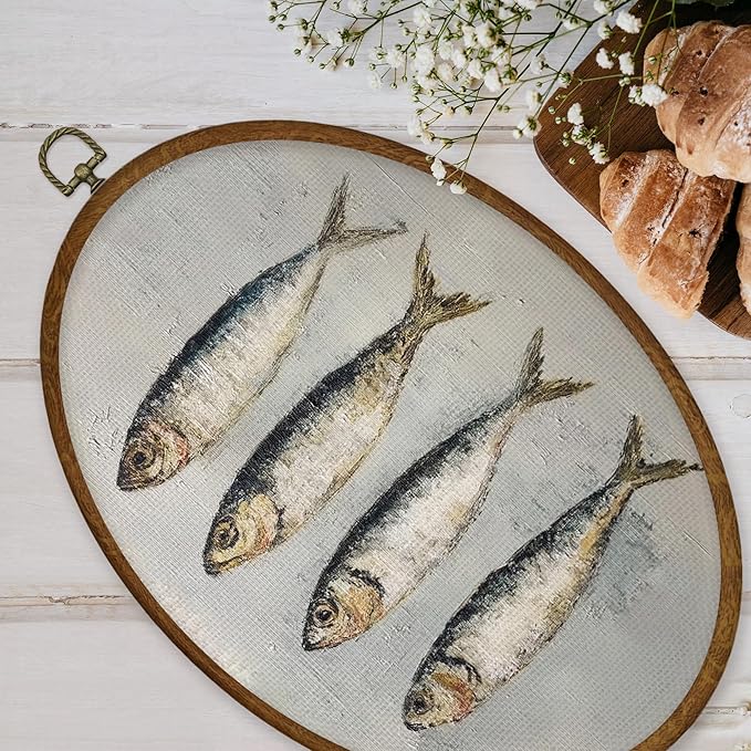 WULQYING Vintage Sardine Fish Wall Art Decor, Nautical Coastal Fish Oval Framed Canvas Art Prints, Retro Beach Fishing Wall Hanging Decor for Beach Home Kitchen Dining Room, 8.6x11.4 Inches