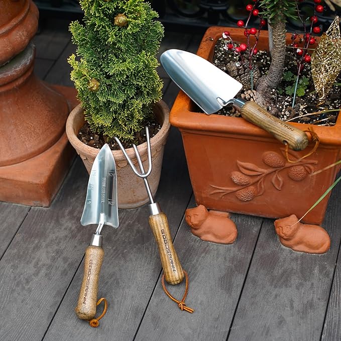 GOODSMANN Garden Tools Set, 3 Piece Stainless Steel Gardening Kit, Hand Trowel, Marker Measurements Transplanter and Cultivator Garden Hand Shovel for Digging Weeding Planting Turning Soil