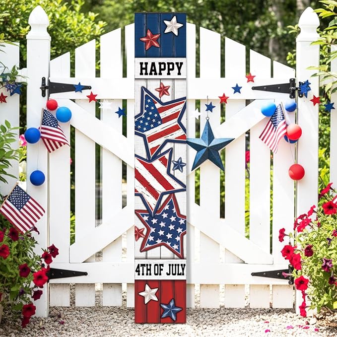 47" Large 4th of July Front Porch Sign Patriotic Wooden Vertical Door Sign with American Flag Colors Red White Blue Outdoor Decor for Independence Day 250th Anniversary Home Entryway