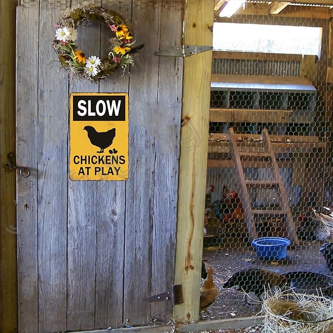 Slow Sign Chickens at Play Chicken Crossing Warning Sign 8x12 Inch Funny Sign, Chicken Coop, Yard, House Decor - Weather Resistant Fade UV Resistant