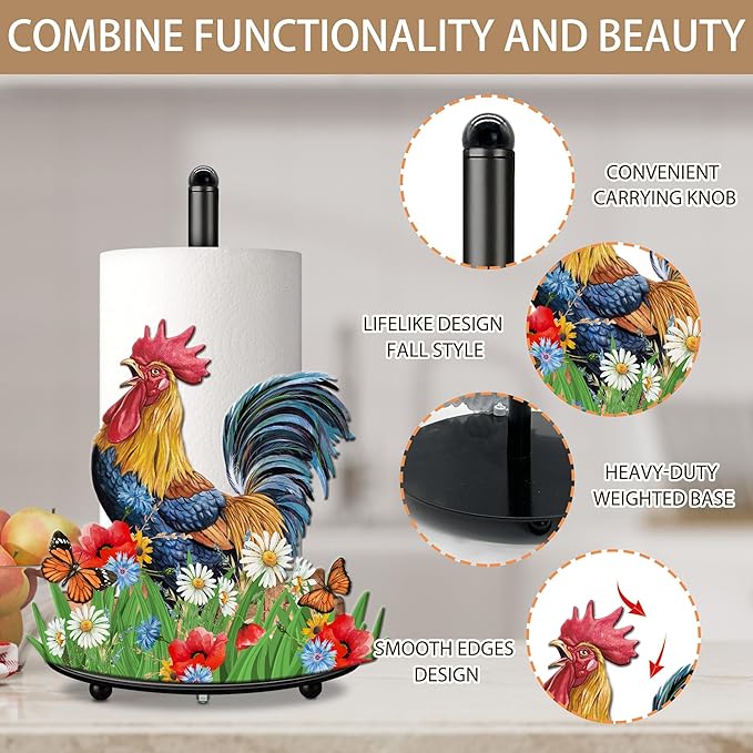 Hexagram Rooster Decor Rooster Kitchen Decor Bathroom Decorations Rustic Home Gifts Farmhouse Paper Towel Holder Countertop Standing Cute Chicken Kitchen Decorations Gifts for Housewarming