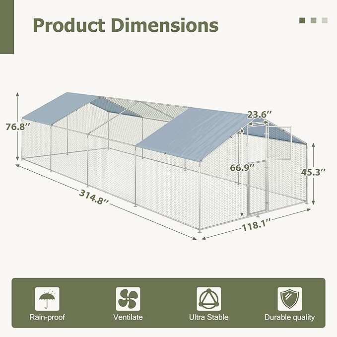 Large Metal Chicken Coop,19.7x9.8x6.4 FT Chicken Run for Yard with Waterproof & Anti-UV Cover,Walk in Chicken Pen with Feeding Door (26.2 * 9.8 * 6.4 ft)