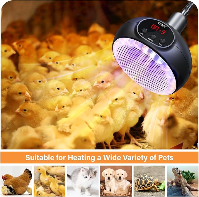 Heat Lamp for Chickens with Holder，200W-350W-500W Reptile Heating Lamp with UVA UVB Ligh 3-6-9-12H Timer, Protable Greenhouse Heater for Outdoor Chicken Coop Indoor Reptile Rabbits Dog Cats