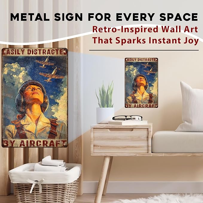 Airplanes Sign for Home Decor Easily Distracted By Airplanes Vintage Metal Poster Retro Art Decor for Backyard Garage Man Cave Shed Office Craft Room 8x12inch