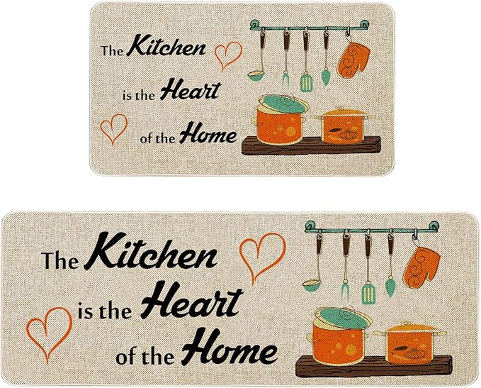 The Kitchen is The Heart of The Home Kitchen Mats Set of 2, Non-Slip Rubber Back Kitchen Rugs, Seasonal Holiday Cooking Sets Washable Floor Mat for Home Kitchen Decor - 17x29 and 17x47 Inch