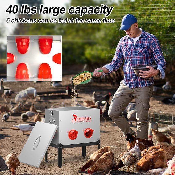 45 LB Automatic Chicken Feeder Metal Kit with Legs Locking Lid 6 Ports Large Poultry Feeder Vegetable Hanging String Bag Leg Rings Duck Chicken Coop Chick Feeder System Food Dispenser No Waste