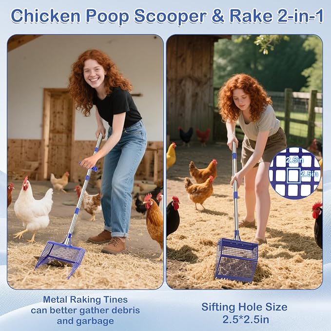 Metal Pooper Scooper for Large Dogs & Chicken Coop - Heavy Duty Long Handle Dog Poop Scoop with Sifting Shovel, Adjustable Rake for Yard, Gravel & Kennel Cleaning, Rust-Proof Stainless Steel