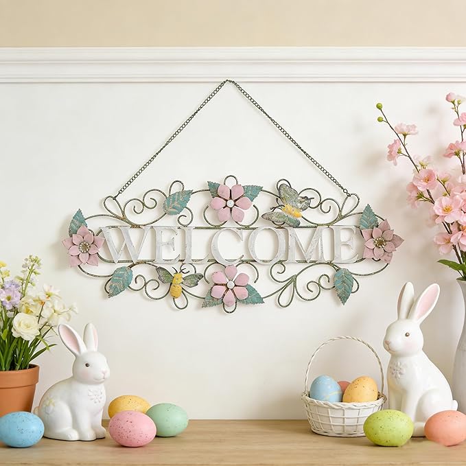 Queltharion 23.6'' L Vintage Metal Welcome Sign Hanging Decor Rustic Distressed Butterfly Bee Flora Welcome Wall Art Decoration for Outdoor Front Door Garden Farmhouse Porch Patio Yard Plaque Pink