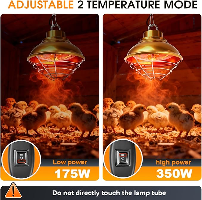 Chicken Heat Lamp,350W Chicken Coop Heater with Carbon Fiber Bulb, Two-Temperature Adjustable and 5.2FT Thickened Power Cord,Winter Hanging Heat Lamp for Chicks,Pets and Poultry