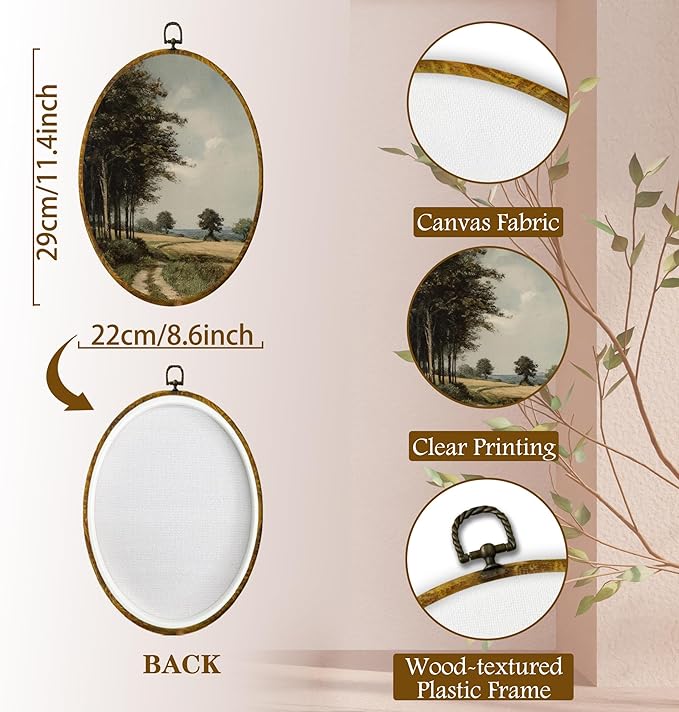 shiviody Vintage Country Landscape Canvas Wall Art Decor, Rustic Farmhouse Countryside Natural Cottagecore Scene Oval Hanging Frame Prints Decorations for Home Bedroom Living Room 8.6"x11.4"