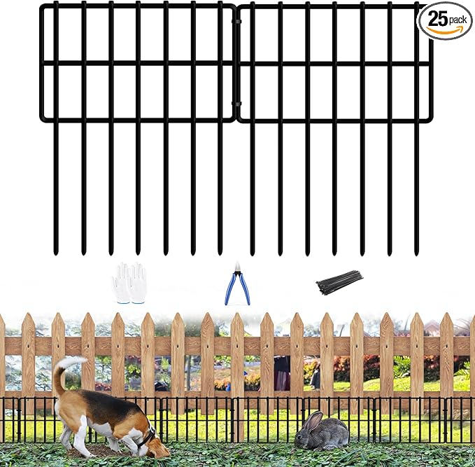 25 Pack Garden Animal Barrier - 1.65inch Spike Spacing, Reusable Rustproof Metal Fence Border for Dogs & Rabbits - Total 27ft(L) x 17inch(H)
