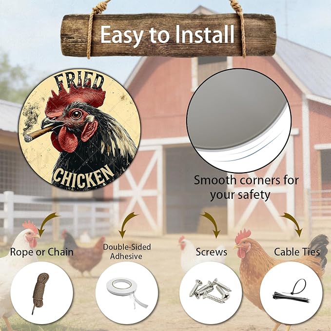 Farm Chicken Cock Hen Round Metal Tin Sign Rooster Fried Chicken Poster Home Decor Garage Bar Restaurant Kitchen Cafe Bar Pub Wall Art Decor 12 Inch