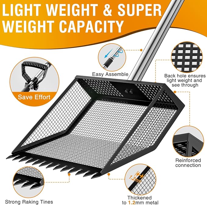 TOOGE Large Chicken Poop Scooper: 2-in-1 Metal Pooper Scooper & Rake Adjustable 62" Long Handle Stainless Steel Sand Sifting Litter Shovel Chicken Coop Scoop Cleaning for Bedding Goats Farm Yard Black