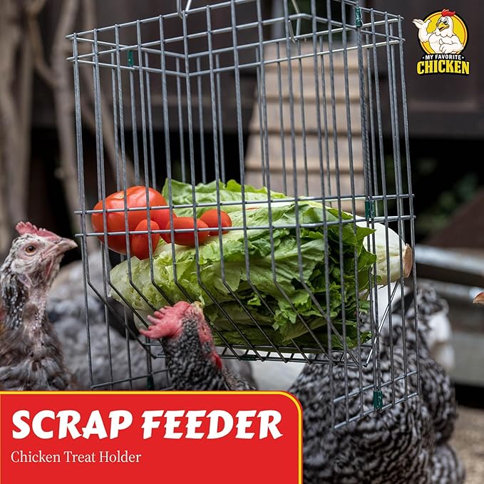 My Favorite Chicken Metal Rack Basket for Chicken Scraps – Hanging or Standing Poultry Feeder for Vegetables, Treats & Hay, Wire Hanging Basket for Chicken Coop, & Small Animals