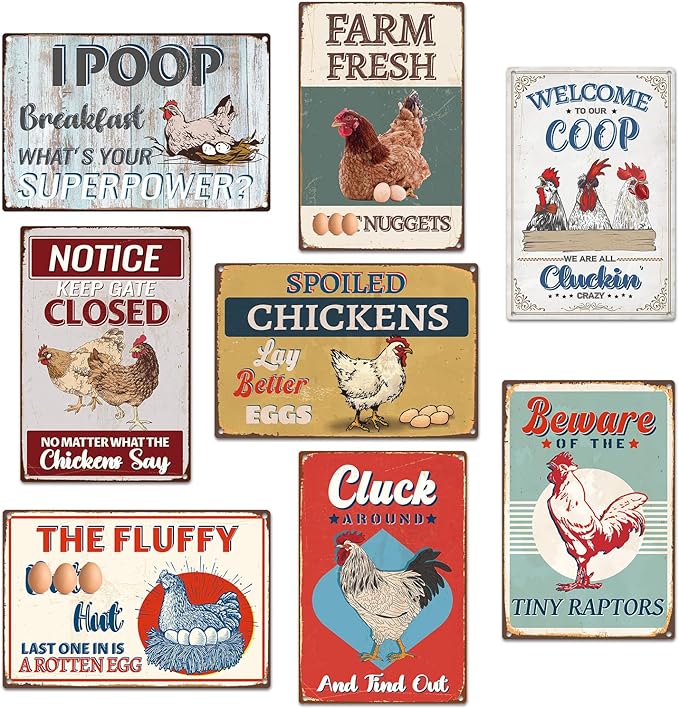 Funny Chicken Coop Decor, 8PCS Metal Chicken Coop Signs Accessories Outdoor, Farm House Personalized Gifts for Yard Fence Decor 12x8 Inches