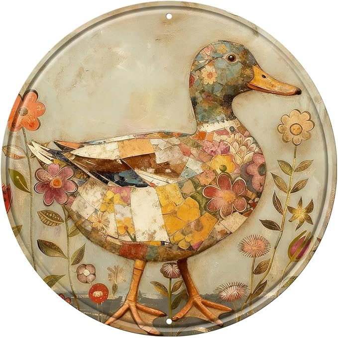 Duck Round Metal Tin Sign Wreath Farm Flowers Rustic Vintage Wall Art Decor for Garden Porch Yard Farmhouse Outdoor Decor 12x12inch