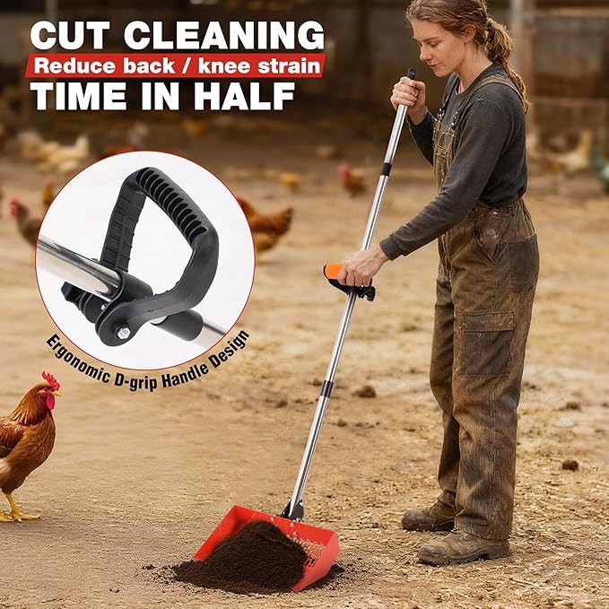 Lineslife Chicken Poop Scooper for Sand & Rake 2-in-1, Metal Chicken coop Scoop with 35 to 76" Adjustable Aluminum Alloy Handle, Litter Scooper Sand Sifting Shovel Chicken Coops/Animals House