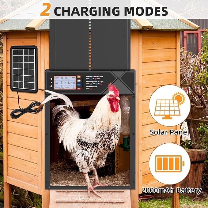 Automatic Chicken Coop Door, 4 Modes LCD Display Chicken Coop Door Solar Powered with Timer & Light Sensor, Aluminum Alloy Automatic Chicken Door with Anti-Pinch, IPX4 Waterproof