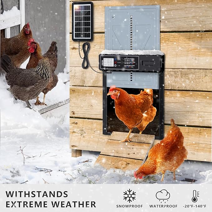 Automatic Chicken Coop Door Solar Powered with Timer & Light Sensor, LCD Display, Remote Control, 4 Modes Aluminum Alloy Auto Chicken Coop Door Solar, Anti-Pinch & Weather Proof