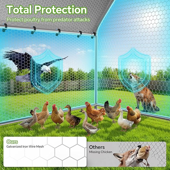 Large Metal Chicken Coop with Waterproof and UV-Resistant Cover,Chicken Run Outdoor Walk-in Cage Rabbit Duck Hen House for Yard Farm Use Spire Roof (10’ W x 9.9’ L x 6.4’ H)