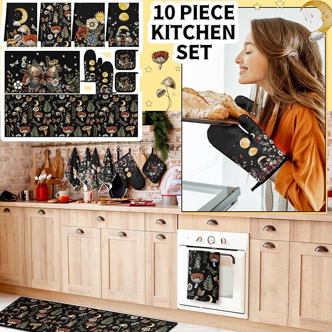 10 Pcs Kitchen Dish Towels Rugs Oven Mitts and Pot Holders Set Farmhouse Kitchen Decor Set for Women Mom Daughter Gift Cooking Baking Grilling(Rustic Color,Rustic Bohemia)