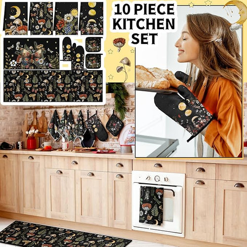 10 Pcs Kitchen Dish Towels Rugs Oven Mitts and Pot Holders Set Farmhouse Kitchen Decor Set for Women Mom Daughter Gift Cooking Baking Grilling(Rustic Color,Rustic Bohemia)