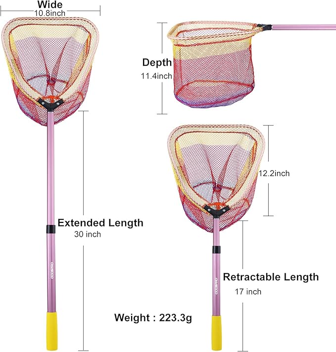 Kids Fishing Net - Telescoping Bait, Minnow, and Butterfly Net With 11.4" Depth, Handle Extends to 30" for Easy Catch and Release