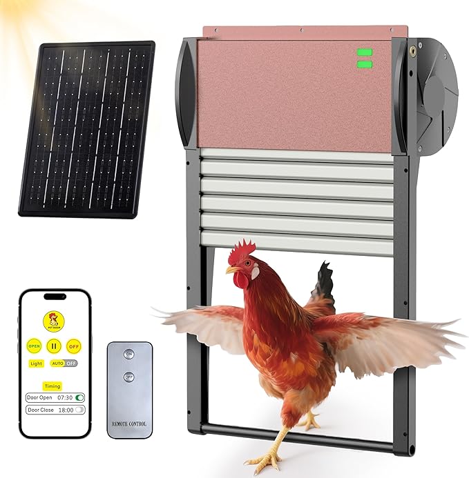 Automatic Chicken Coop Door, Chicken Door Programmable with App,Solar Chicken coop Door.Chicken Coop Door Timel& Light Sensor,Anti-Pinch,Remote Control,USB Rechargeable