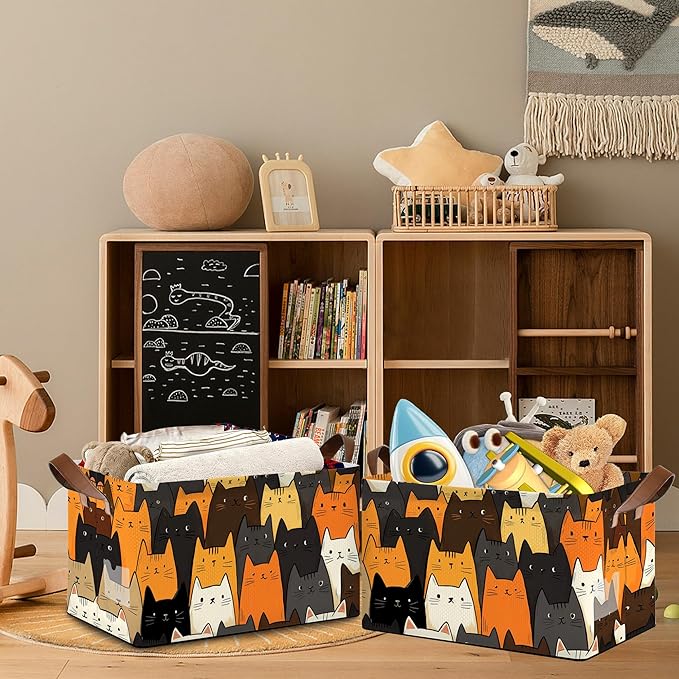 Funny Cat Storage Baskets,Foldable Organizer Bin with Handles for Home Living Room Bedroom Closet Box 17x11.5x10Inch