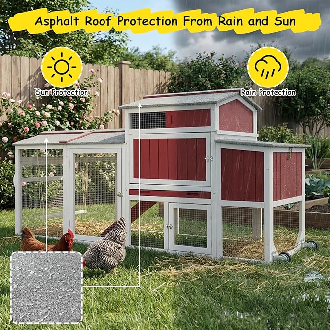 Mobile Wooden Chicken Coop for 2–4 Chickens – Outdoor Hen House with Wheels, Waterproof Asphalt Roof, Nesting Box & Easy Clean Slide-Out Tray (Red, 77.4" L x 23.2" W x 39.2" H)
