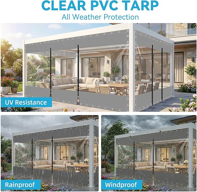 7(H) x 10(W) ft Clear Vinyl Curtains with Zippered Entry,21.16oz Heavy Duty Waterproof and Tear-Resistant Tarpaulin with Grommets,19.69 MIL Grey Transparent Tarp for Patio Gazebo Balcony Porch Pergola