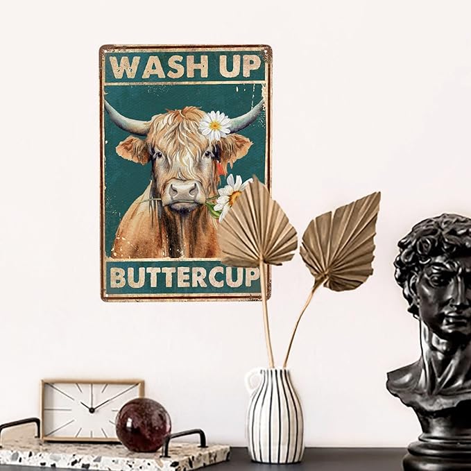 Highland Cow Vintage Metal Poster Wash Up Buttercup Sign Decor-Retro Funny Cow Wall Art Metal Tin Sign Bathroom Home Hanging Decor Funny Toilet Metal Sign Bathroom Wall Art, 12''x 8''