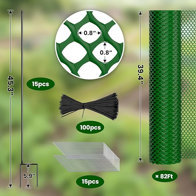 DoCred Plastic Fence with Stakes, 39.4in x 82ft Portable Poultry Fencing Net Mesh for Chickens & Dog, Temporary Gardening Fence Pet Barrier for Backyards, Vegetable Gardens, Lawn & Outdoor Decoration