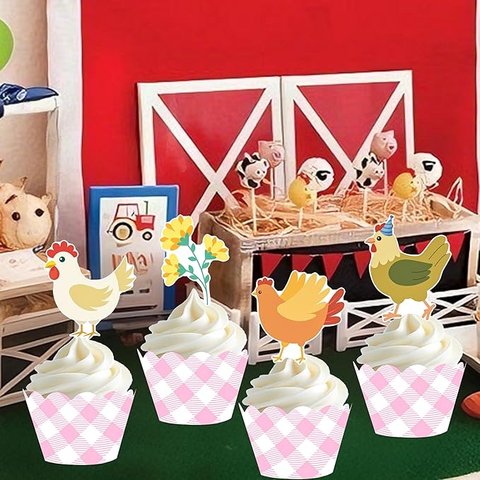 Chicken and Daisy Cupcake Toppers and Wrappers Floral Chicken Birthday Decoration 48Pcs Pink Gingham Cupcake Liners barnyard Hen Themed Cake Decor for Farm Animals Bday Baby Shower Supplies