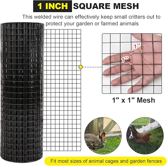 48'' x 50' 1inch Hardware Cloth 16 Gauge Black Vinyl Coated Welded Fence Mesh for Home and Garden Fence and Home Improvement Project