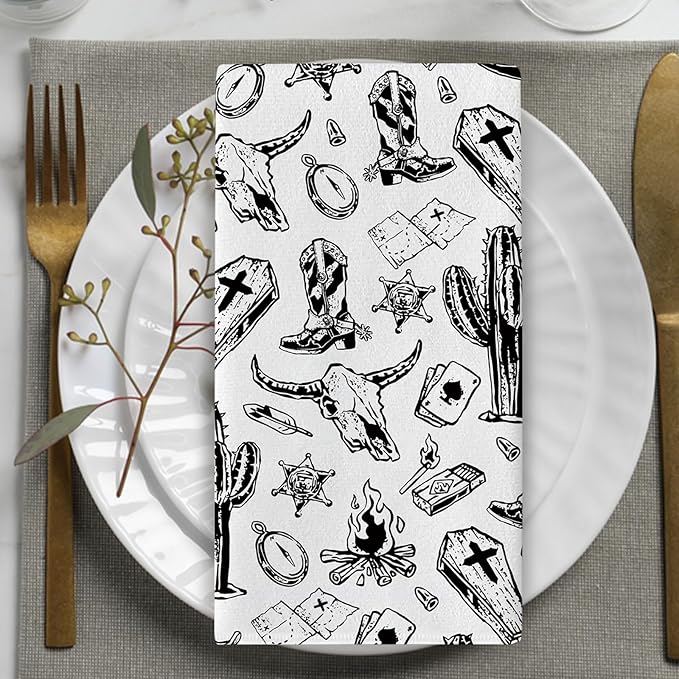 Howdy Y‘All Western Cowboy Kitchen Dish Towels Set of 2, Black White Bull Skull Hat Boot Cactus Drying Hand Towel Baking Cooking Cloth, Rustic Country Bathroom Home Decoration 18'' x 26''