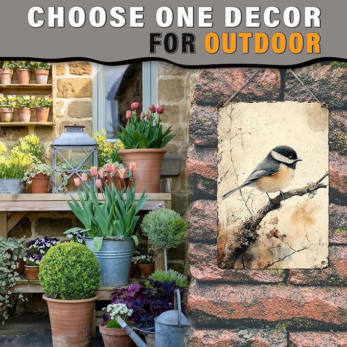 PEACHGARDEN Chickadee Bird Wall Decor Chickadee Wildlife Vintage Metal Sign Wall Art Decor for Home Living Room Kitchen Garden Bedroom Office Hotel Cafe And Pub Decoration 8x12inch