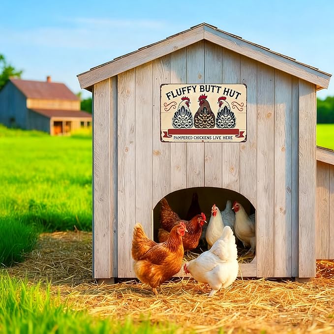 Funnysign Vintage Fluffy Butt Hut Pampered Chickens Live Here Chicken Tin Sign for Chicken Coop Farm Kitchen Garden Yard Decor 8x12 inch (3940)