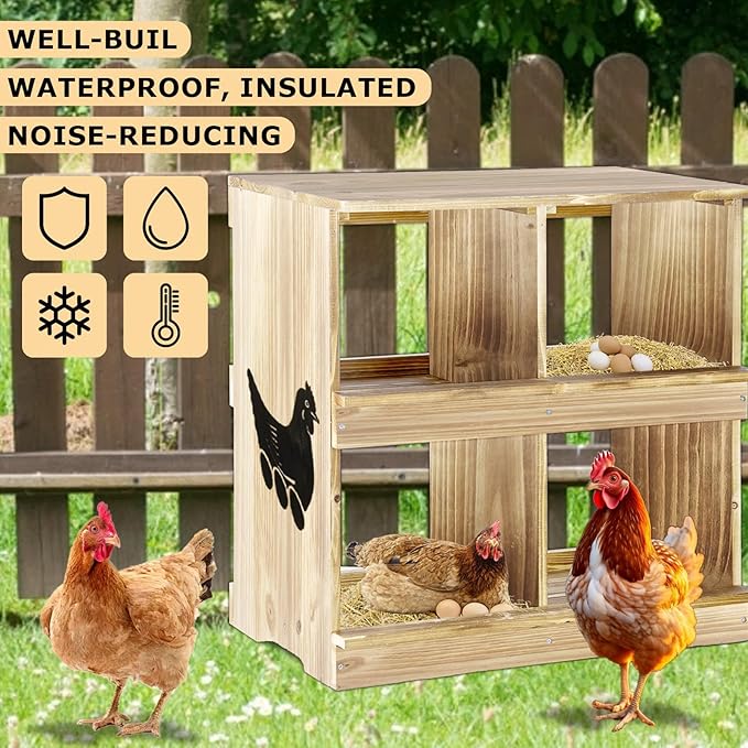 Nesting Boxes for Chickens - Wooden Chicken Nesting Box for Chicken Coop Accessories, Sturdy 4-Compartment Wall Mount Egg Laying Box for Hens, Chickens, and Ducks(Lightly Charred)