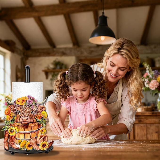 Highland Cow Paper Towel Holder, Highland Cow Decor for Countertop Cute Farmhouse Sunflower Decor for Home Table, Housewarming Birthday Gifts for Farm
