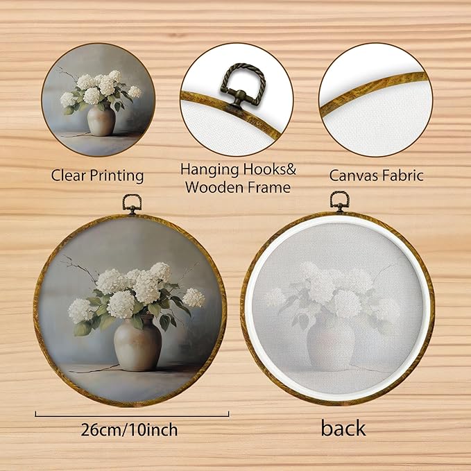 Hiuwevt Muted White Hydrangea Round Wall Art Decor, Vintage Floral Still Life Hanging Canvas Prints Artwork Framed, Rustic Ceramic Vase Flower Circular Wall Decor for Home Bedroom, 10x10 Inch