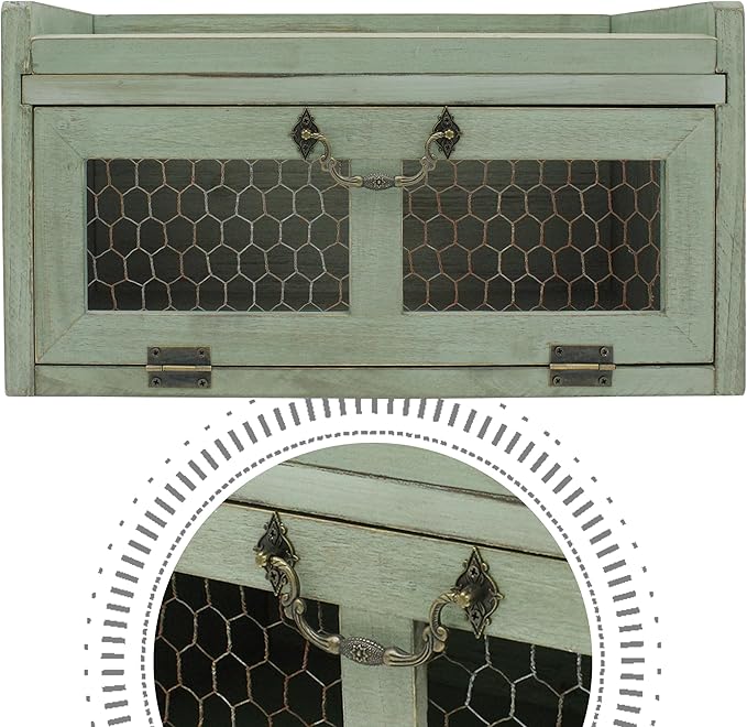 Farmhouse Countertop Storage Organizer, Rustic Wood Kitchen Cabinet with Chicken Wire, Kitchen Pantry Display Shelf, Country Vintage Style. Distress Teal
