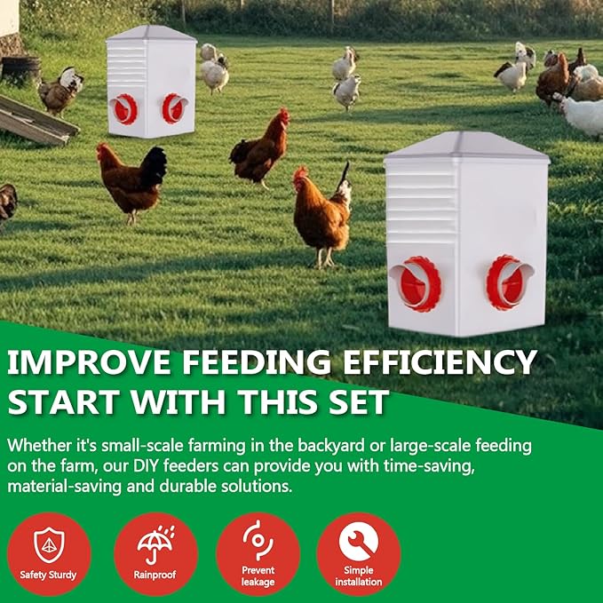 DIY Chicken Feeder kit -6-Port Waste Free Gravity Poultry Feeder with Hole Saw and lid, Suitable for Bucket/Barrel/Box/Trough (Weatherproof, red)
