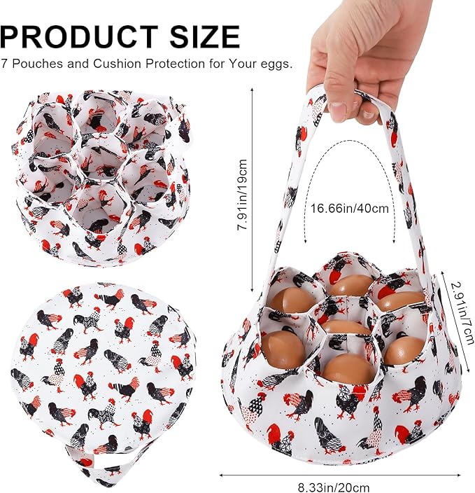 Egg Collecting Basket, Canvas Egg Basket for Gathering with 7 Pouches for Chicken, Duck, Goose, Bird, Various Poultry Collection (Red-tailed)