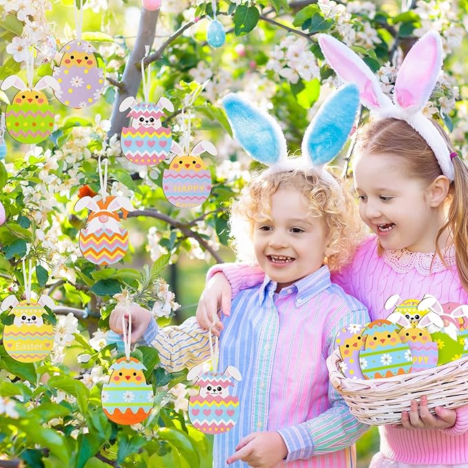 Qunclay 40 Pcs Easter Ornament Decor Easter Bunny Egg Hanging Sign for Tree Rabbit Wooden Slices Spring Wooden Cutouts with Rope for Party Home Farmhouse Indoor Outdoor(Funny Style)