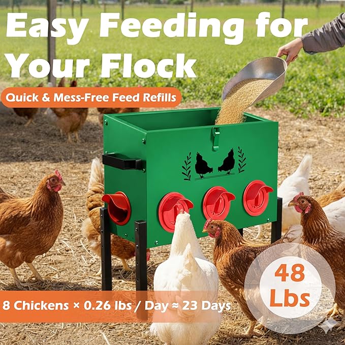 Large Capacity Automatic Chicken Feeder, 8 Port Chicken Feeder, 48LB Metal Chicken Feeders with Locking Lid & Adjustable Legs, No Waste Chicken Feeder, Green